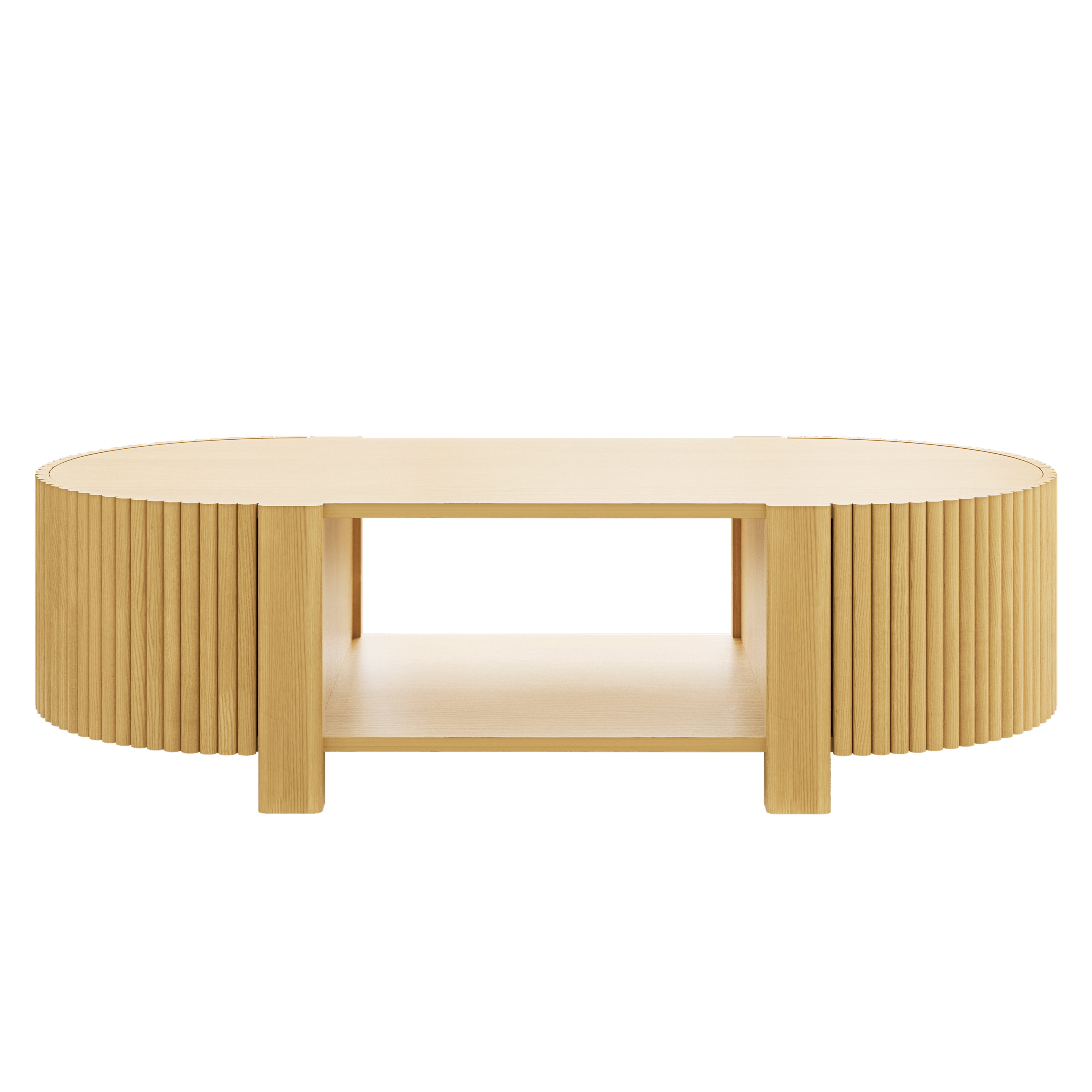 Homy Casa 47 in Fluted Coffee Table with Storage Cabinets and Open Shelf, Natural Oak