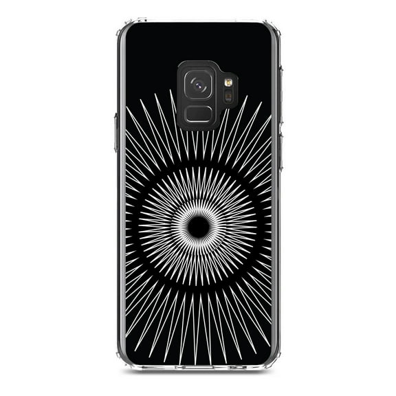 DistinctInk Clear Shockproof Hybrid Case for Samsung Galaxy S9 (5.8" Screen) - TPU Bumper, Acrylic Back, Tempered Glass Screen Protector - Black White Star Bursts