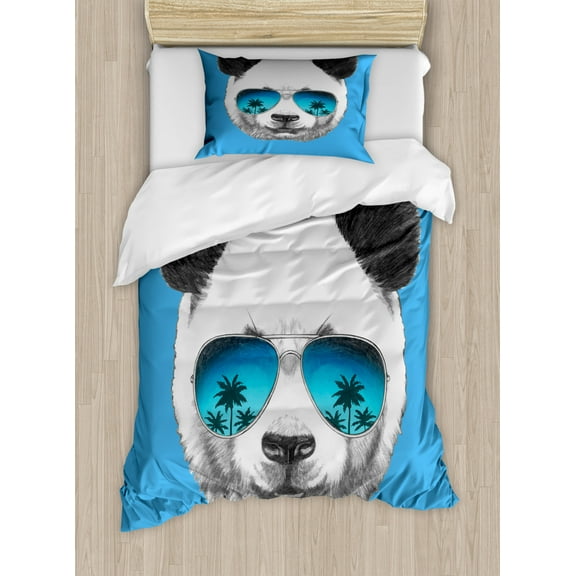 Sunglasses Duvet Cover Set, Sketchy Graphic Image of a Single Panda Face Tropical Vacation Vibes, Decorative 3 Piece Bedding Set with 2 Pillow Shams, King Size, Blue Dark Grey Pearl, by Ambesonne