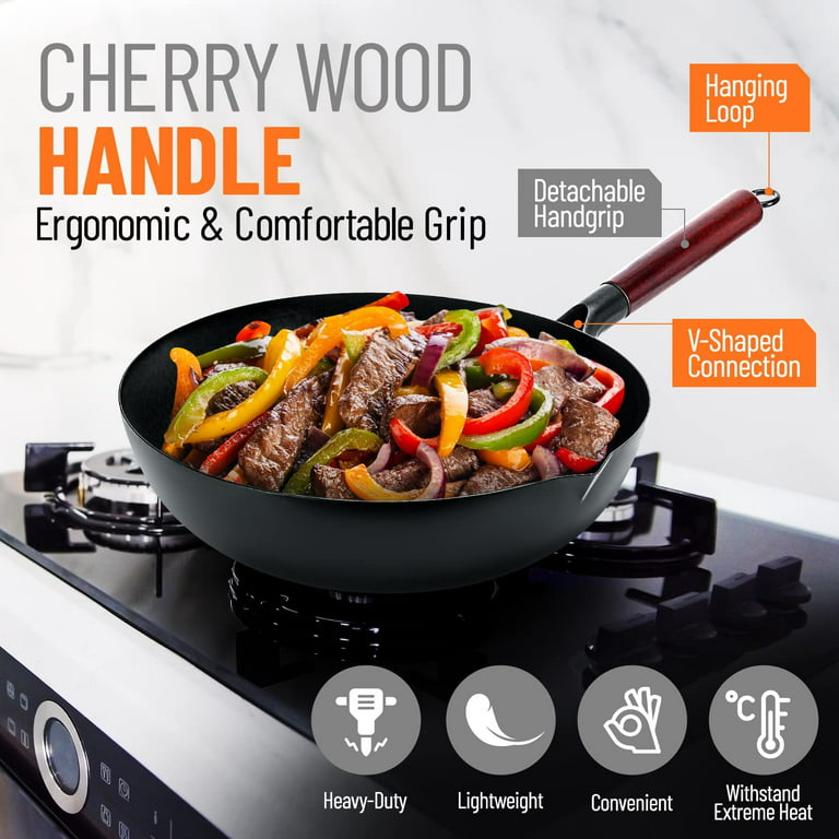 Homeries Carbon Steel Wok with 2 Spatulas & Wooden Lid for Electric,  Induction & Gas Stoves – Heavy Duty Stir Fry Pan - Pre-Seasoned Chinese Wok  with