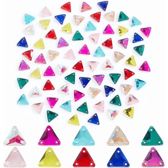 100 Pcs Triangle Sew On Rhinestones 10 Colors Flat Back Sewing Stone Beads 3-Holes Glass Connector Beads Clothing Embelishments for DIY Crafts Costume Garment Accessory 0.53x0.47Inch Multi-color