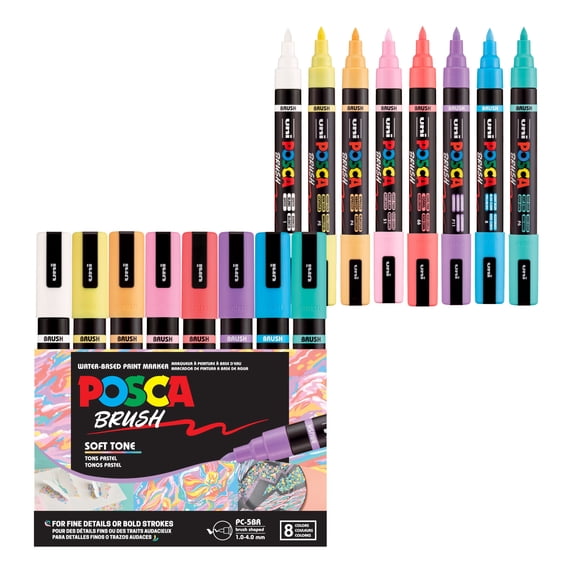 POSCA PC-5BR Water-Based Paint Markers, Reversible Brush Tip, 1.0–4.0 mm, Soft Tone Colors, 8 Count