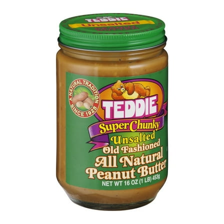 Teddie All Natural Vegan & Gluten-Free, Super Chunky Unsalted Peanut Butter, Regular Size 16 oz