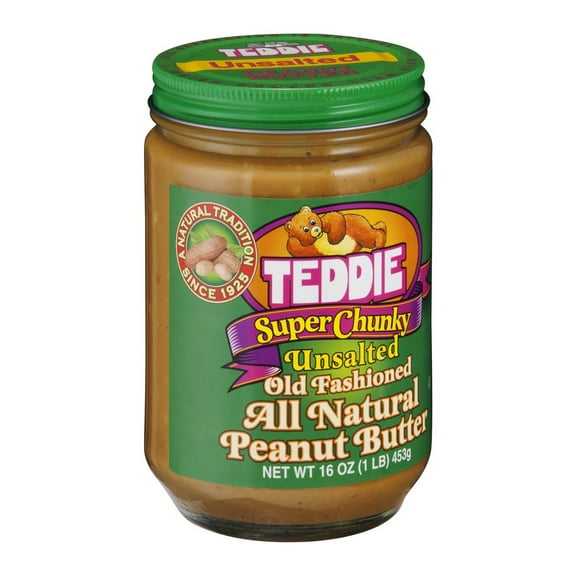 Teddie All Natural Vegan & Gluten-Free, Super Chunky Unsalted Peanut Butter, Regular Size 16 oz