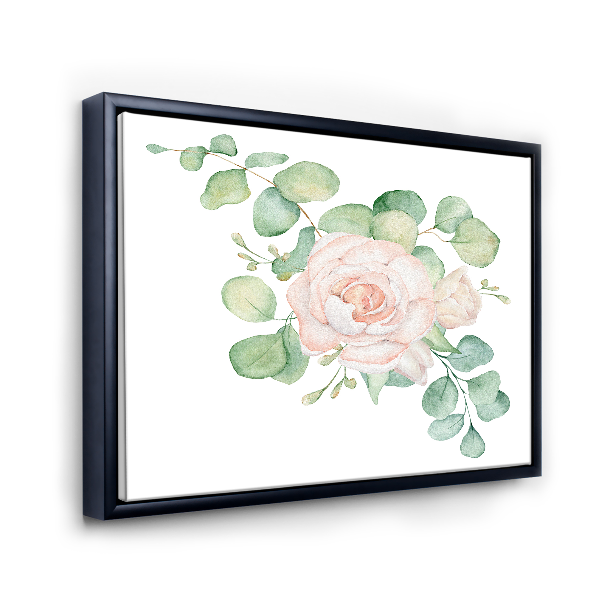 Bouquet of Pink Roses Flowers and Eucalyptus Leaves 32 in x 24 in Framed Painting Canvas Art Print, by Designart