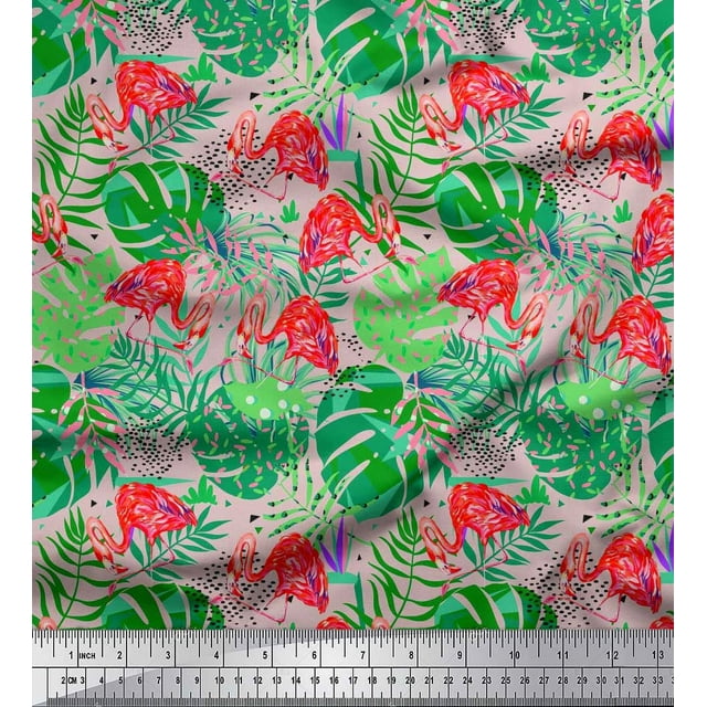 Soimoi Tissu en Jersey de Coton Imprimé Feuilles Tropicales & Flamants Roses au Mètre 58 Pouces de Large