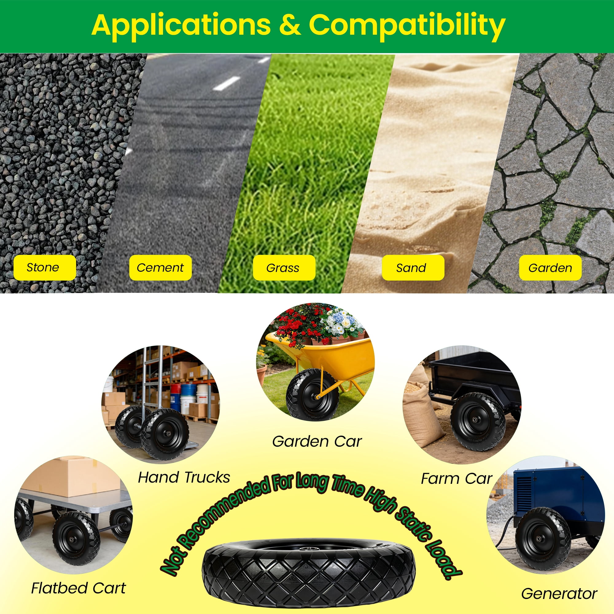 Leumius Set of 2 4.80/4.00-8 Flat-Free Solid Wheelbarrow Tire and Wheel, 16" Solid Tire with 5/8" & 3/4" Bearings, 3" Hub for Hand Truck, Garden Cart, Trailer, Trolley, Wagon