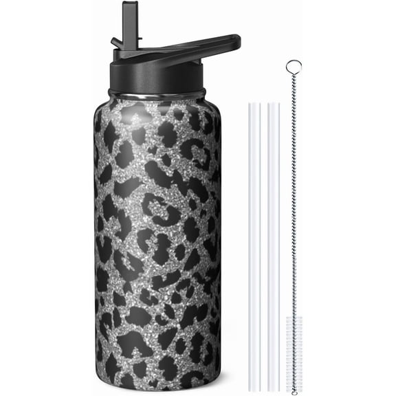 32oz Leopard Water Bottle with Handle and Flip Straw, Sports Stainless Steel Insulated Cup Travel Coffee Mug Tumbler, Birthday Mothers Day Chritmas Gifts for Women