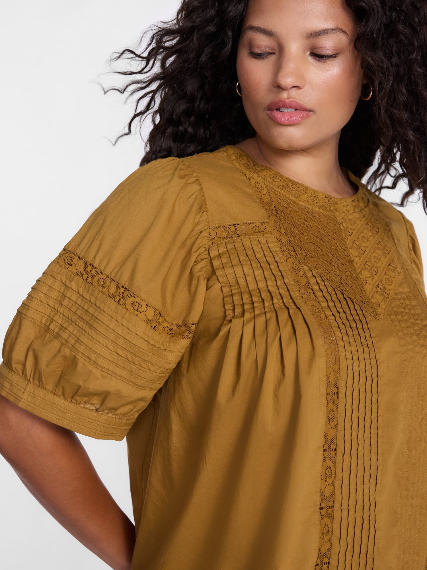 Terra & Sky Women's Plus Lace Trim Swing Top with Elbow Length Puff Sleeves, Sizes 0X-5X