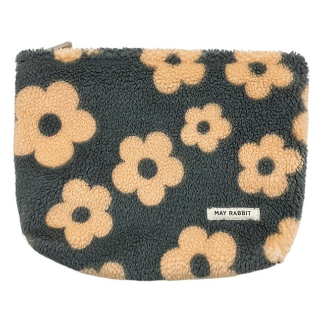 Plush Trendy Cosmetic Pouch with Zipper Cute Floral (Orange)