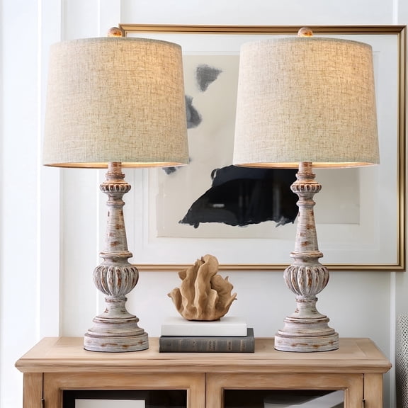 Oneach 24.5" Farmhouse Table Lamp Set of 2, Gray Resin Bedroom Lamps for Living Room Retro