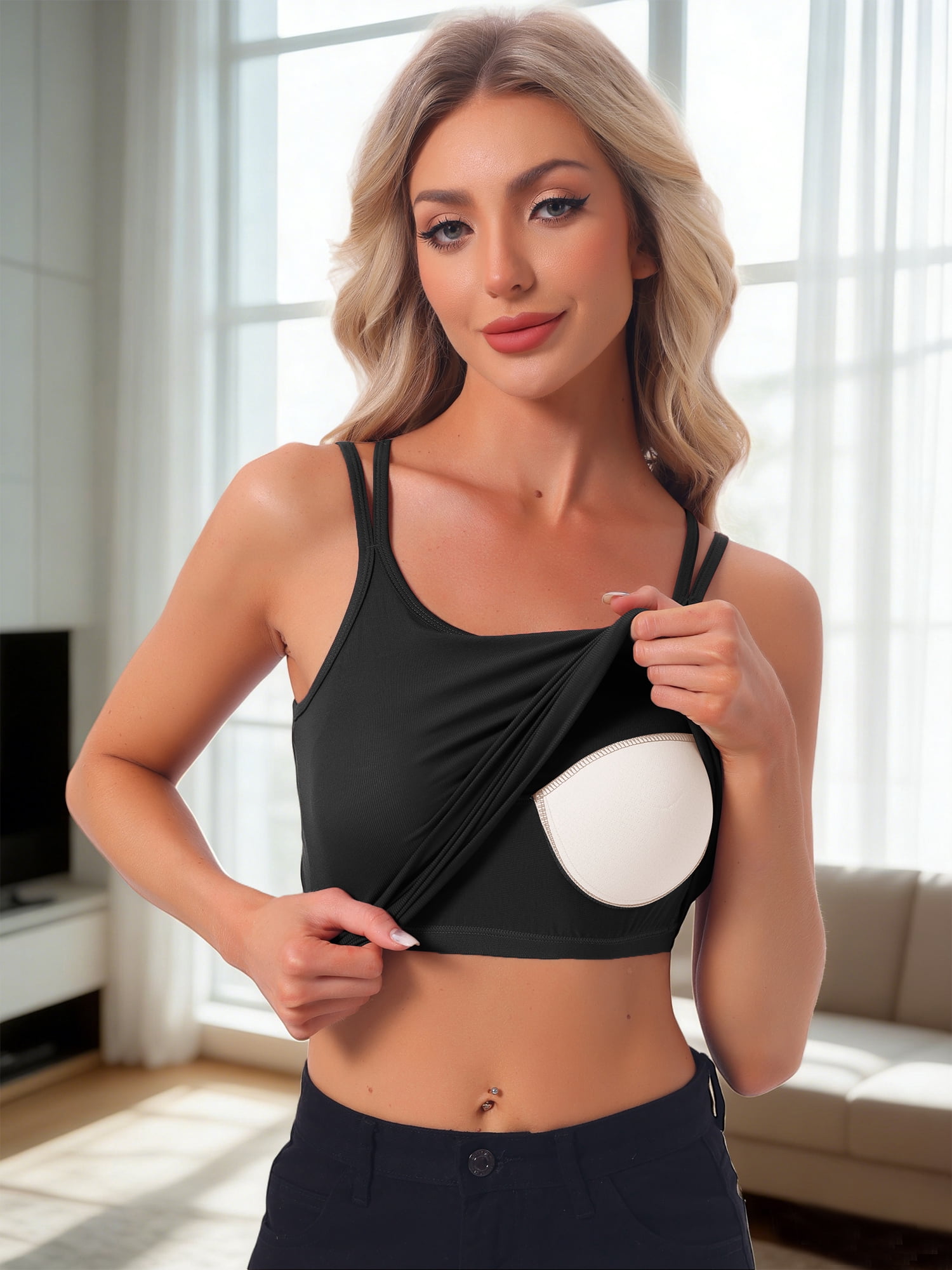 DARING DIVA Women's Camisole Lounge Built-in Bra U Back Tank Tops S Black
