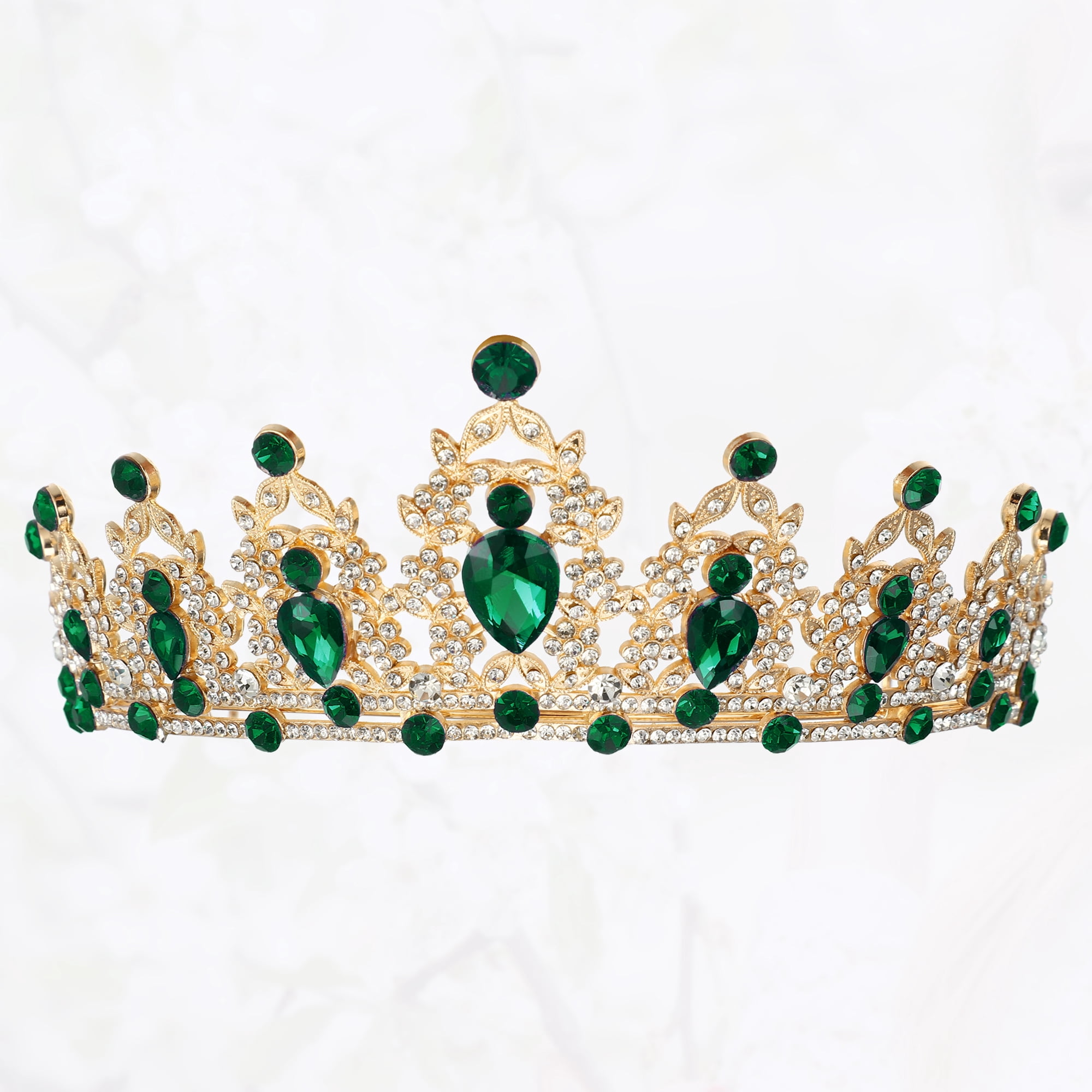 Unique Bargains Women Faux Crystal Queen Crown Tiara Rhinestone Gold Tone Green