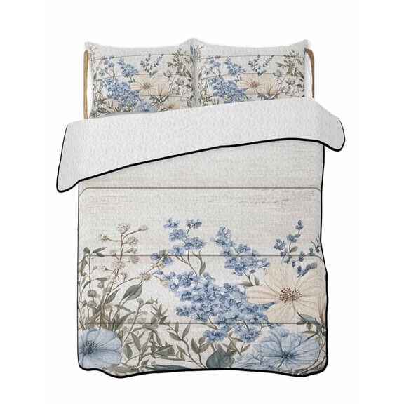 Blue Floral Spring Summer Quilt Set Full Size, Soft Microfiber Quilted Bedding Set with 2 Pillow Shams, Summer Botanical Flower Vintage Lightweight All Season Bedspread Coverlet for Bedroom 78"x90"