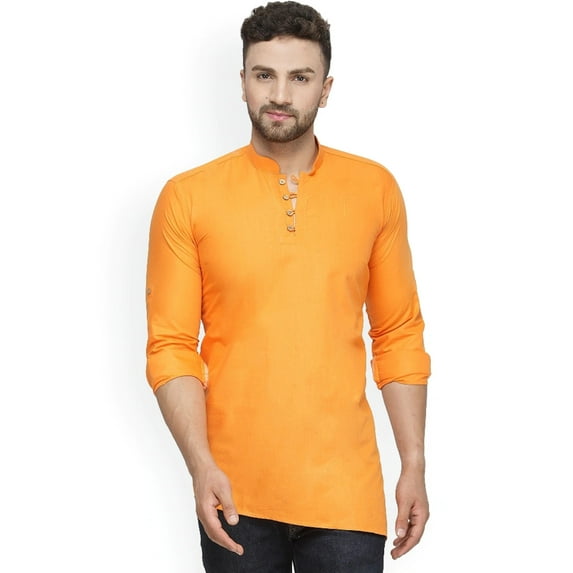 eloria Indian Traditional Orange Thread Work Solid Cotton Blend Kurta For Men's