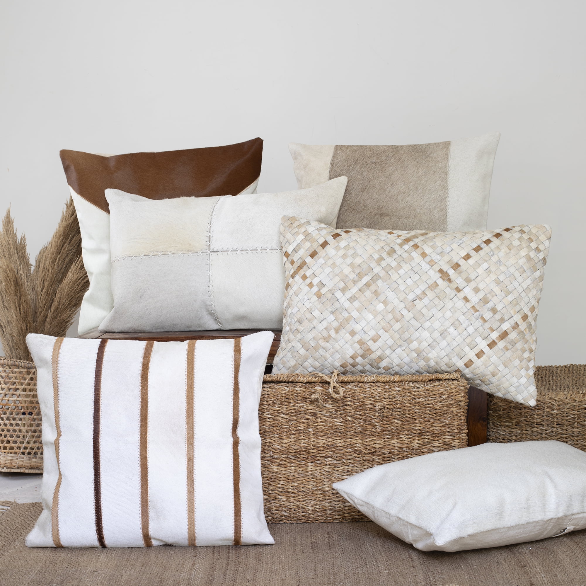 Ox Bay Brody 20" x 20" Ivory/Brown Geometric Faux Leather Hide Adult Decorative Throw Pillow