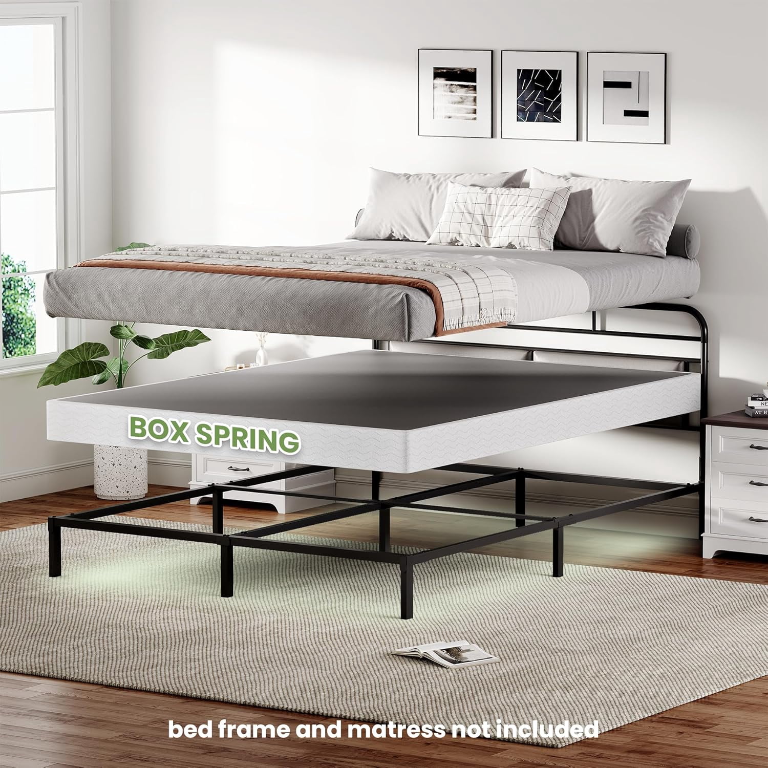 Qiyou 7 Inch Low Profile Full Box Spring, Heavy Duty Steel Mattress Foundation with Fabric Cover, Quick Assembly Metal Bed Base