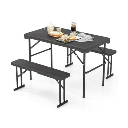 Resenkos Patio Dining Sets,Patio Furniture Sets,Outdoor Folding Table Bench Set w All-Weather HDPE Tabletop and Sturdy Metal Frame-Black
