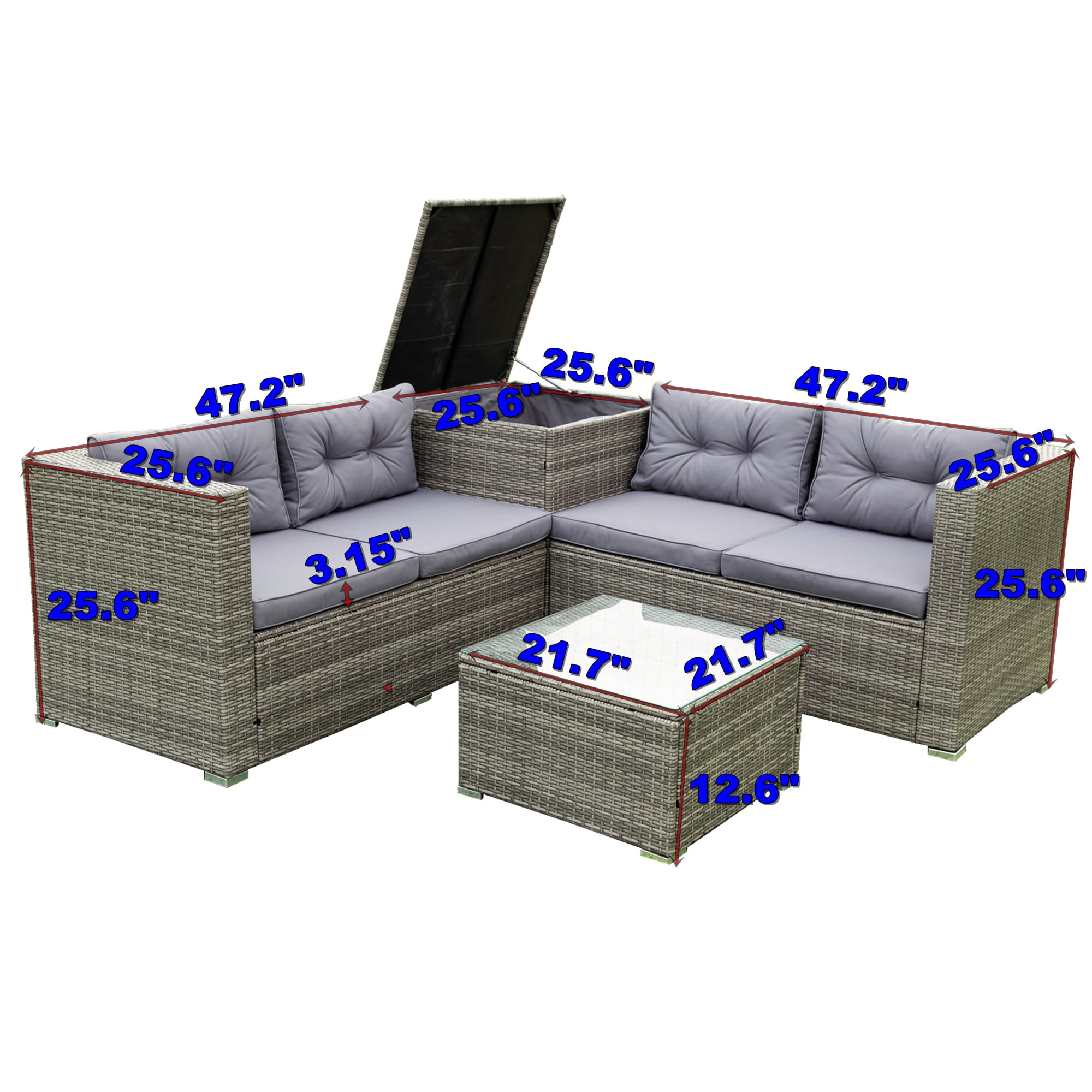 PORKISS 4 Piece Patio Furniture Set, All-Weather Wicker Rattan Outdoor Sectional Sofa Set with Cushions and Storage Box for Garden Poolside, Grey