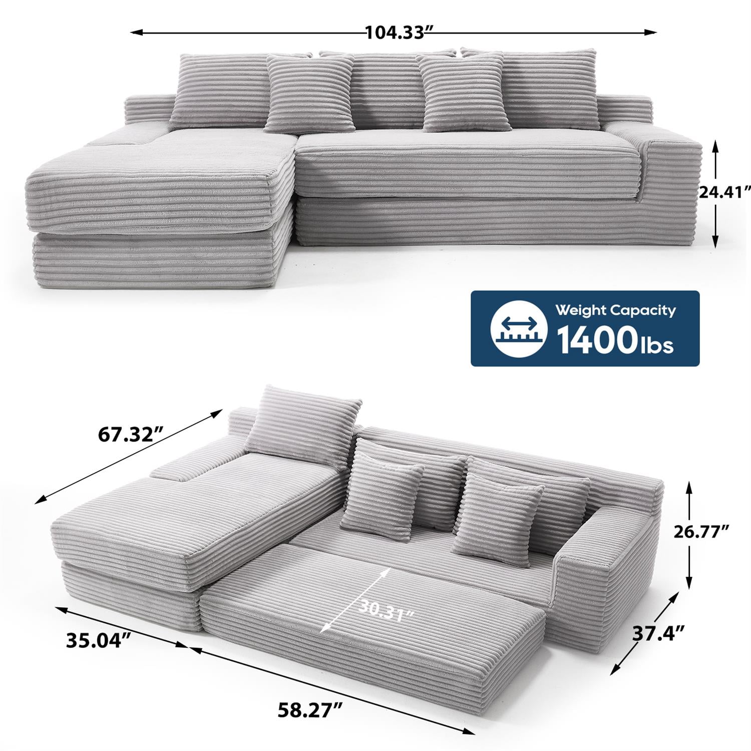 Demi Bonn 104" Convertible L-Shaped Sectional Sofa Bed with Memory Foam & Steel Frame, No Assembly Needed, Corduroy Fabric Modular Couch for Living Room, Gray