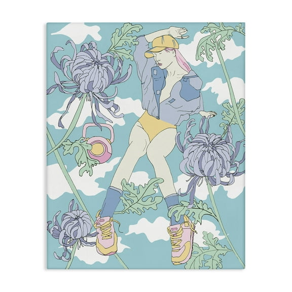 Stupell Industries Weight Trainer & Chrysanthemums People Painting Wrapped Canvas Art Print Wall Art, 16 x 20