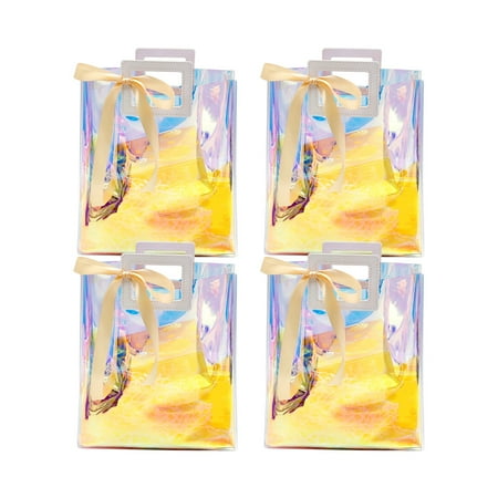 4 Pcs Holographic Clear Gift Bags, 25 x 28 x 14 cm Iridescent Reusable Gift Tote Bag with Handle, for Birthday Wedding Party