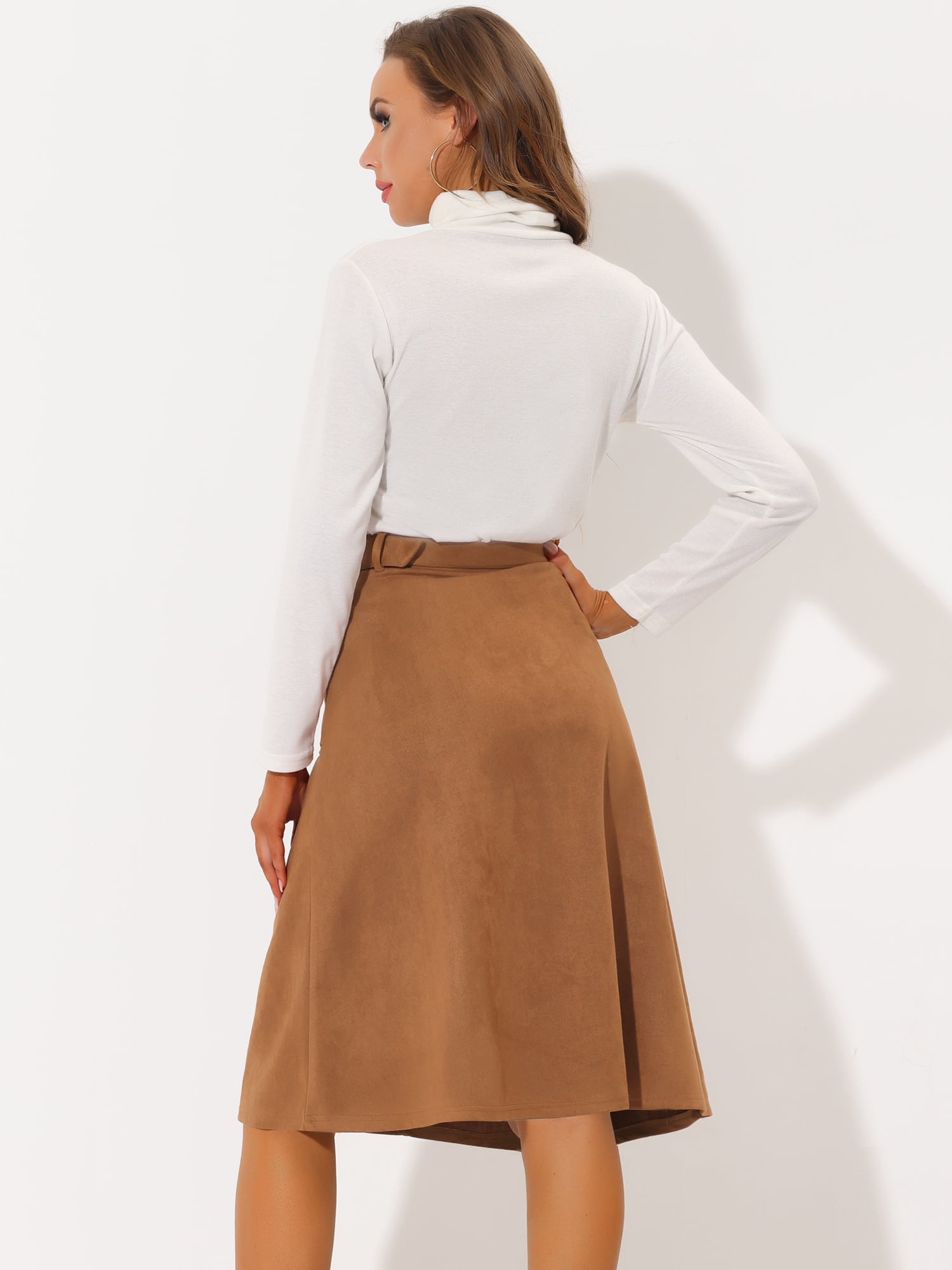 DARING DIVA Women's Faux Suede Pockets Stretch A-line Midi Skirt with Belt 3XL Caramel