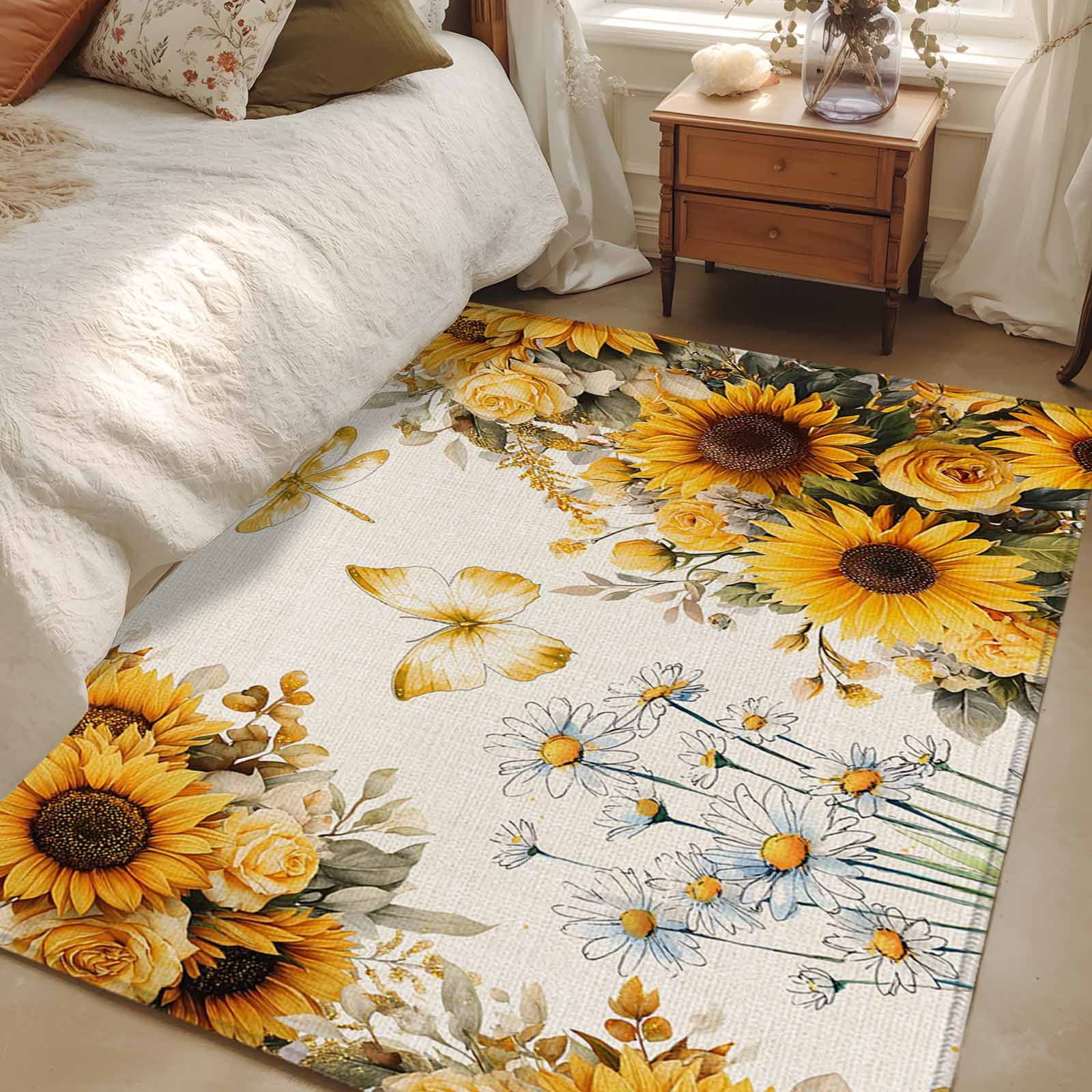 3'x5' Rug for Living Room Bedroom, Farmhouse Sunflower Washable Area Rugs Non-Slip Carpet Mats, Vintage Daisy Butterflies Rustic Burlap Indoor Low Pile Area Rug Runner for Kitchen, Mudroom