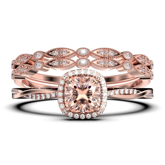 Twisted Infinity Band Dazzling Boho & hippie 2.00 Carat Round Cut Morganite And Diamond Moissanite Engagement Ring, Classic Wedding Ring in 10k Solid White Gold, Gift For Wife, Trio Rings