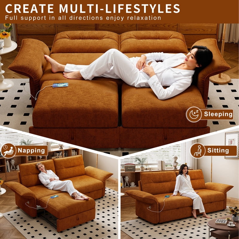 85" Convertible Sofa Bed, 2-in-1 Sleeper Sofa with Plush Fabric, Full-Size Pull-Out Couch with USB Charging Ports, Solid Wood Frame, High-Resilience Foam for Living Room & Small Space