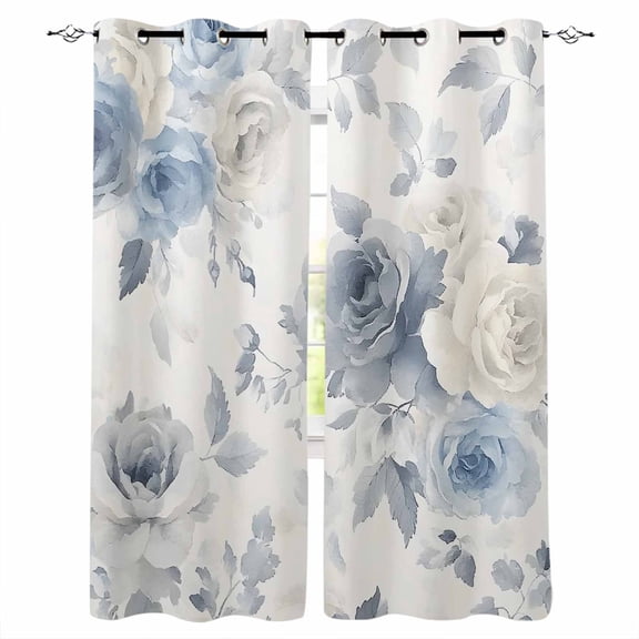 Blue White Floral Blackout Curtains 39 Inches Long for Bedroom, Botanical Garden Flowers Leaves Thermal Insulated Room Darkening Black Out Window Curtain Panels Grommet Drapes for Living Room
