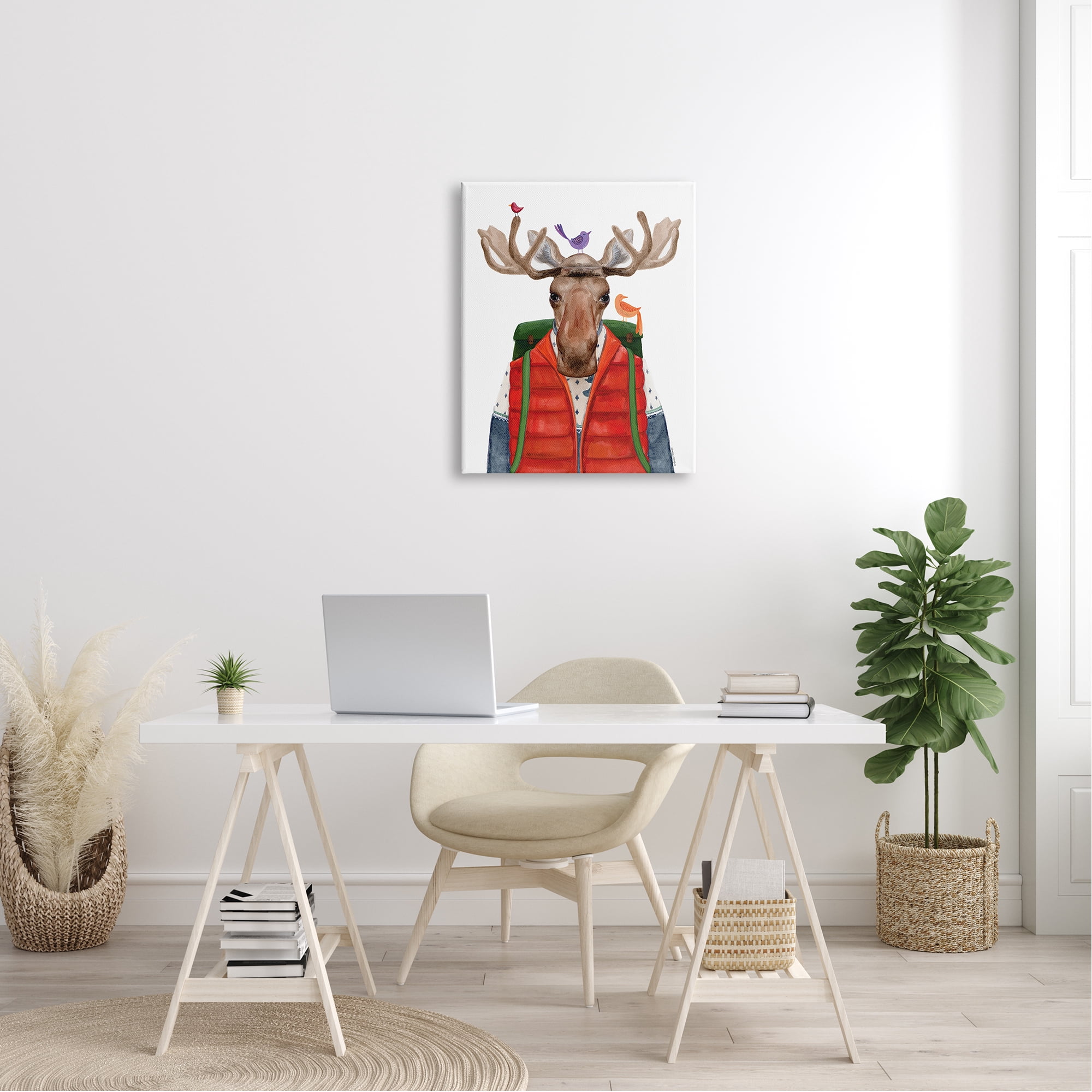 Stupell Industries Rustic Camp Attire Moose Antlers Perched Birds Canvas Wall Art, 24 x 30, Design by Rachel Nieman