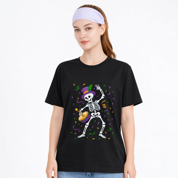 Unisex Cotton T-Shirt Dancing Skeleton Halloween Graphic Spooky Party Tee