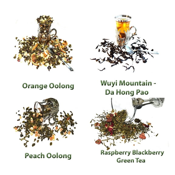 4 Green Tea and Oolong Tea Samplers, Caffeinated, Raspberry Blackberry Tea, Peach Oolong, Orange Oolong, Wuyi Da Hong Pao, Loose Leaf Tea