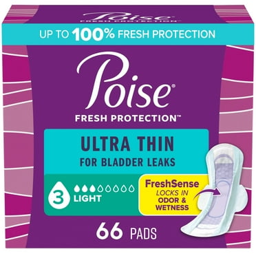 Poise Ultra Thin Incontinence Pads with Wings, 3 Drop Light Absorbency, 66 Count