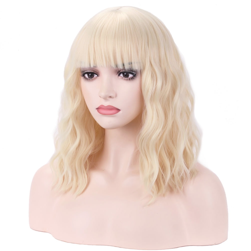 BERON Light Blonde Short Curly Bob Wig With Bangs for Women Girls Heat Resistant Hight Density Synthetic Wig for Cosplay Girls Party or Daily Use Wig Cap Included