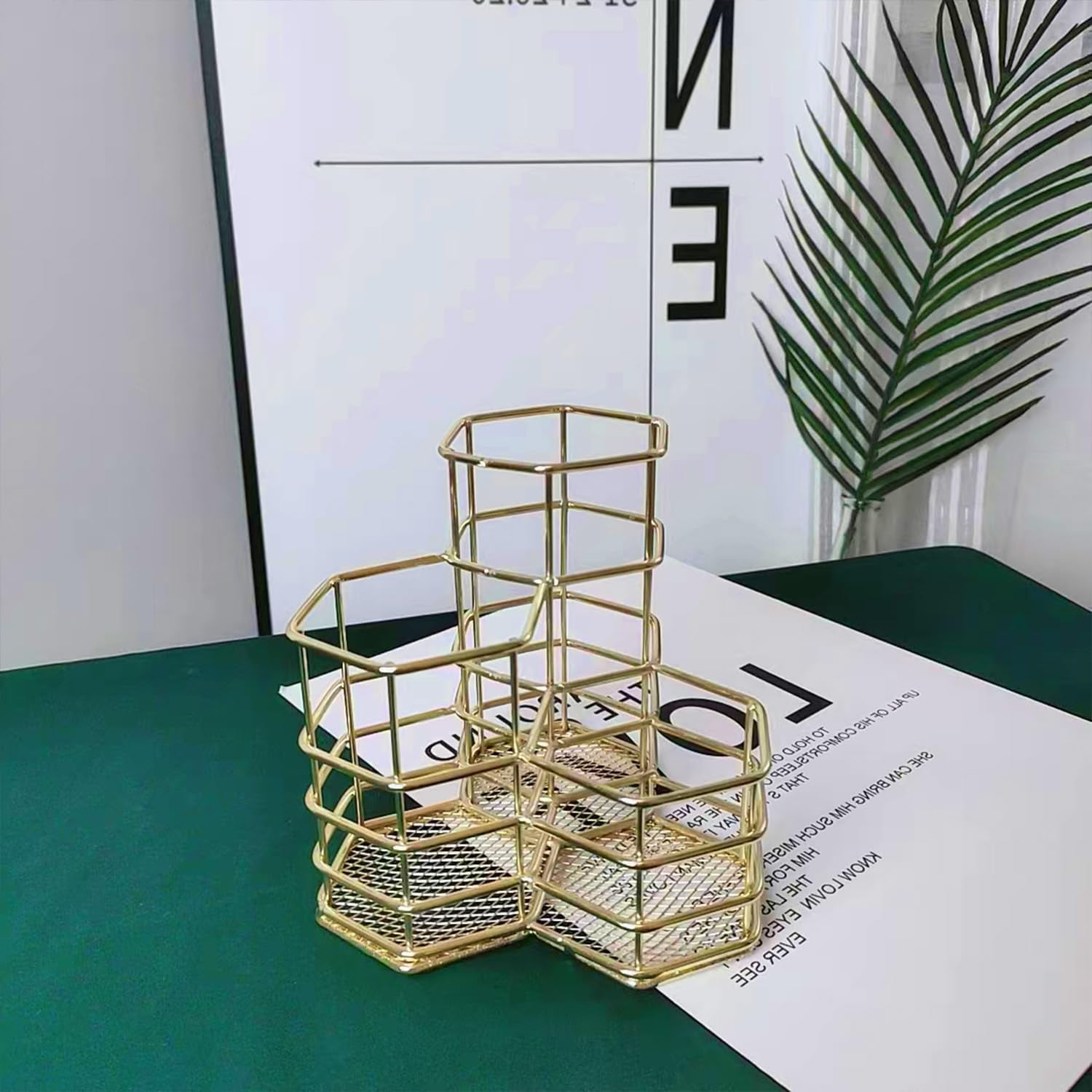 Metal Desk Organizer,Pencil Holders & Cosmetic Storage,Stylish Gold Desk Organizer for Pencils, Makeup Brushes,Gold Pen Holder with 3 Different Height Compartments - Elegant Desk Accessories