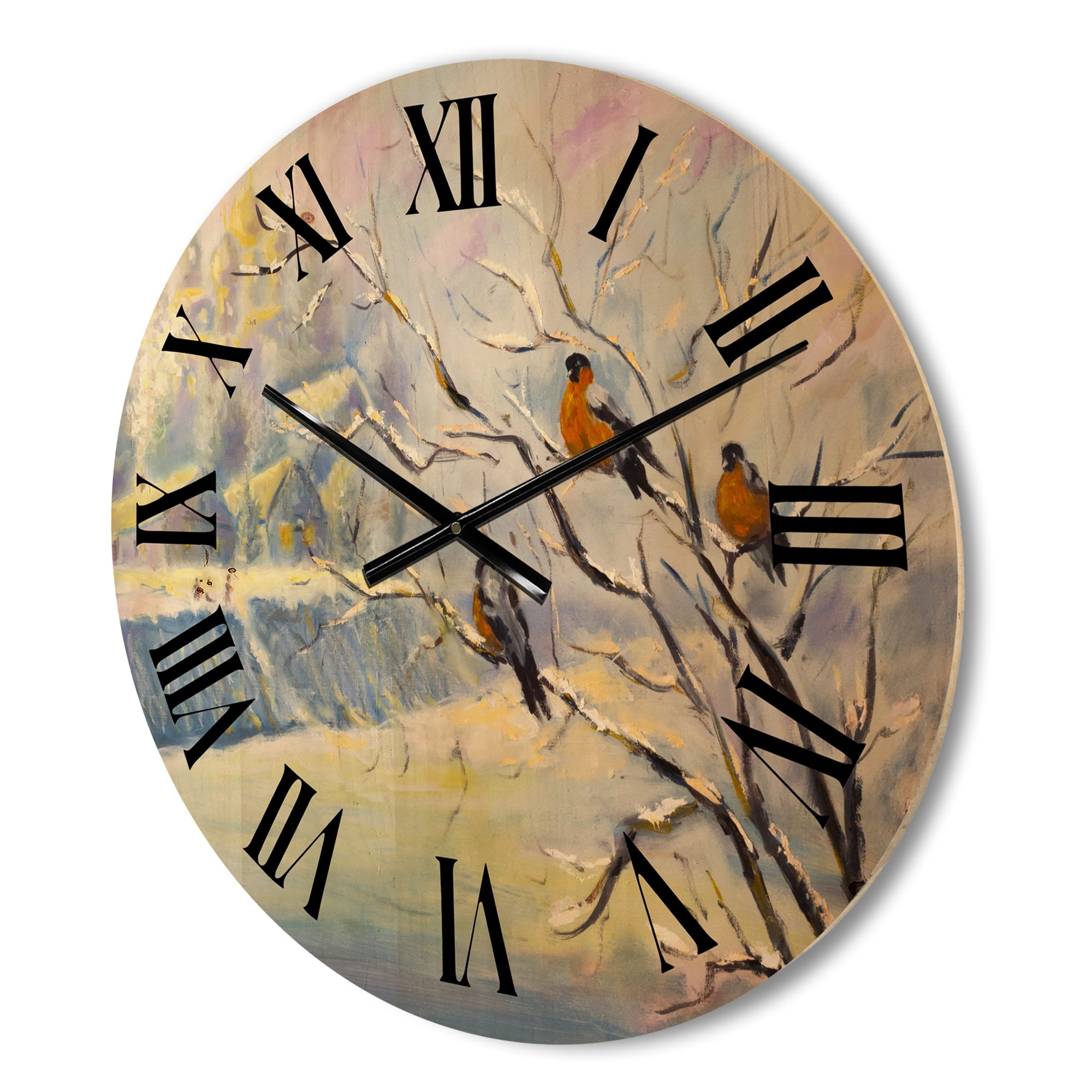 Designart 'Rustic Birds Sitting On A Tree In Winter Village' Farmhouse Wood Wall Clock