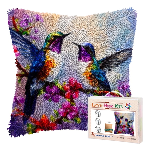 Two Hummingbirds in Flowers DIY Latch Hook Pillow Kits for Adults Printed Pillowcase Crochet Yarns Hooking Handmade Pillow Cover Cushion for Home Sofa Decoration 17x17inch
