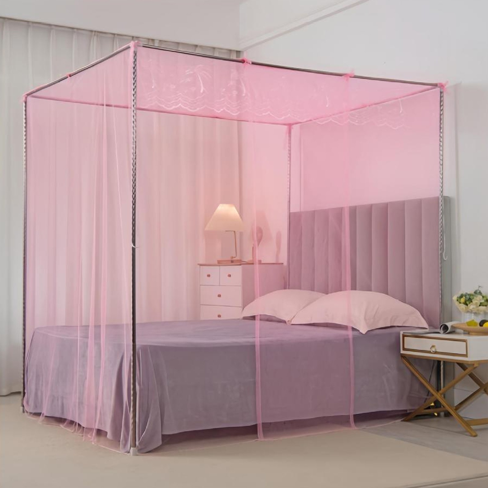 Cozeii Pink Bed Canopy, European Bed Curtains, 4 Openings, Easy Installation, Breathable Mesh, for Twin Bed, Room, Camping, All-Side Protection, Bed Net, Home Decor, 75x73x94.5 Inch