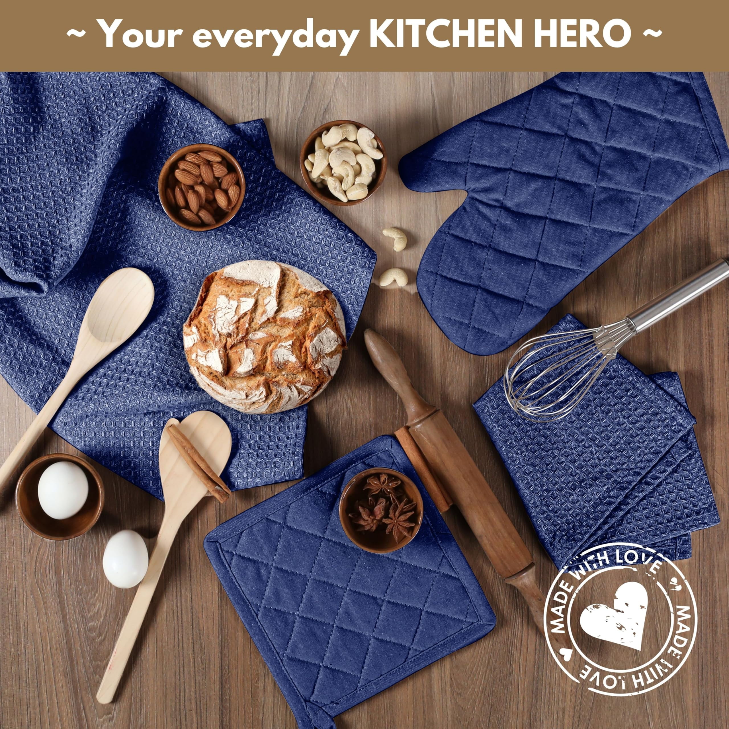 Native Fab 10-Piece Kitchen Set – Includes Oven Mitts, Potholders, Kitchen Towels & Dishcloths, Heat Resistant, 100% Cotton, Durable & Absorbent, Perfect for Cooking, Baking & Everyday Use - Ink Blue
