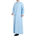 thumbnail image 4 of Men's Long-Sleeved Button-Down Solid Color Printed Shirt Stylish Nightgown Sky Blue,XXL, 4 of 9