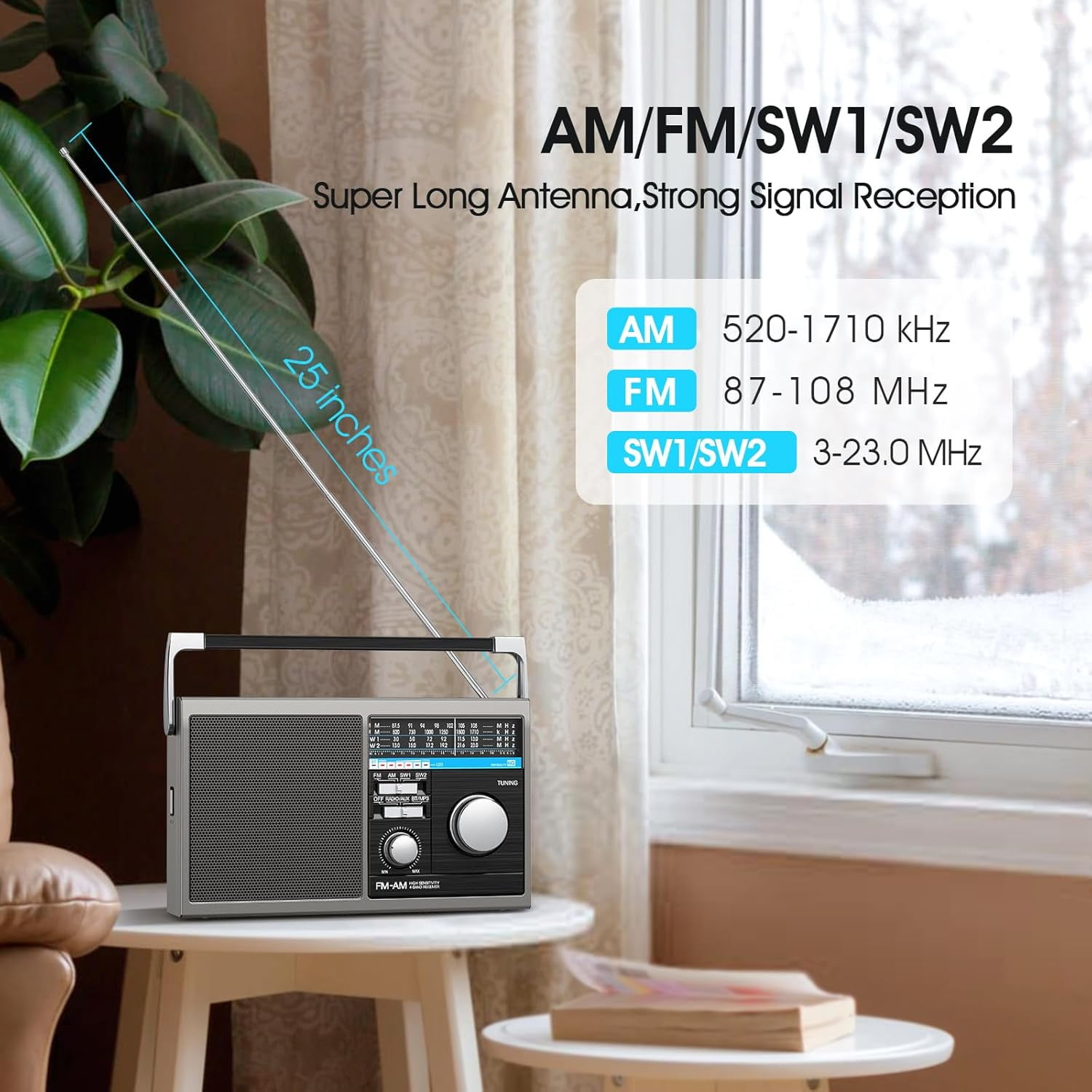 Portable AM FM Radio, Shortwave Transistor Radio with Best Reception, Battery Operated or AC Power Retro with Big Bluetooth Speaker, Earphone Jack USB TF Card AUX Input, for Senior(Gray)