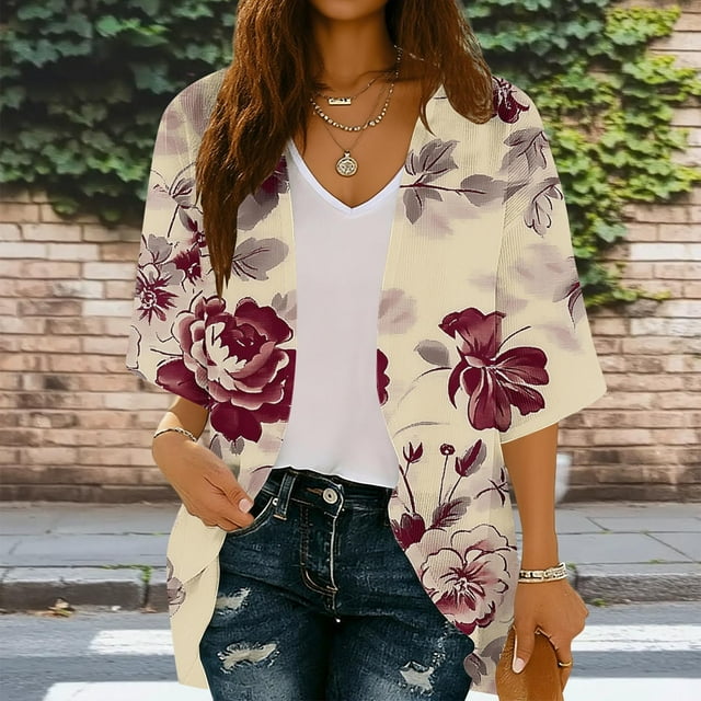Xuyuer Spring Beach Cover-Up Cardigan - Women's 3/4 Sleeve Casual Shirt for Summer Seaside Outings, Resort Vacations, Breezy Seasonal Layering Top & Coastal Stroll Essentials