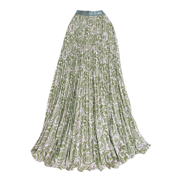 Summer Boho Floral Maxi Skirts for Women High Waist Flowy Beach Vacation Elastic Waisted Pleated Long Skirt Green One Size