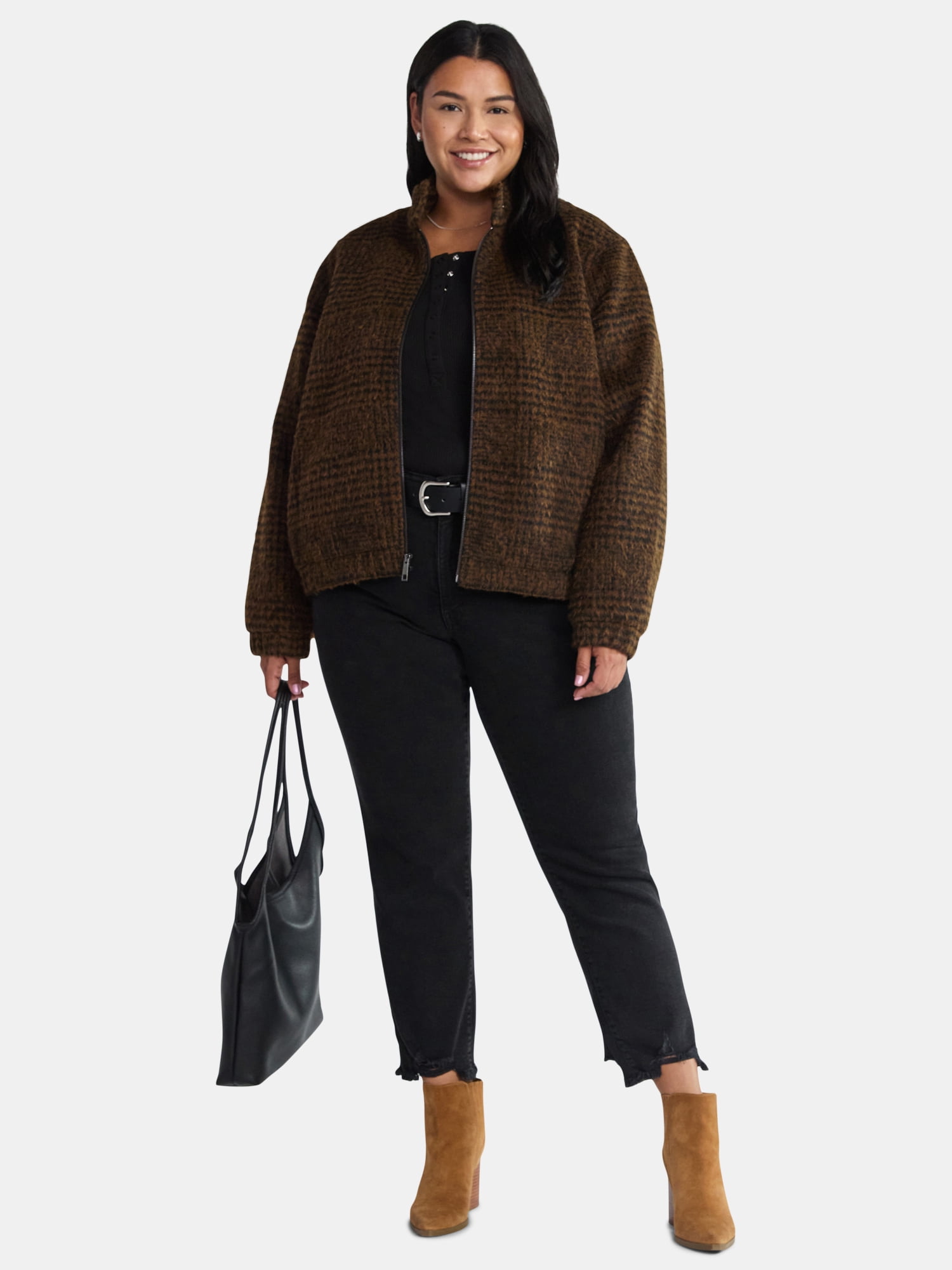 Time and Tru Women's and Women's Plus Faux Wool Bomber Jacket, Sizes XS-2X
