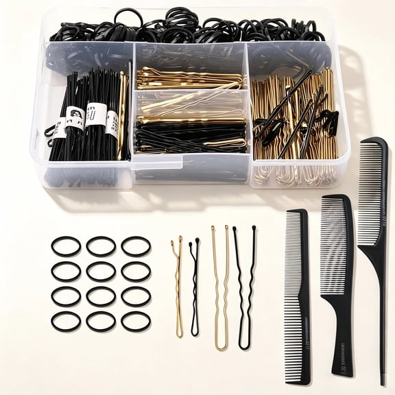 RYLZX 300 Pcs Bobby Pins U Hair Pins Set, Includes  100 U Shape Hair Pins, 100 Bobby Pins, 100 Pcs Hair Bands and 3 Hair Combs with Storage Box Gifts for Women Girls