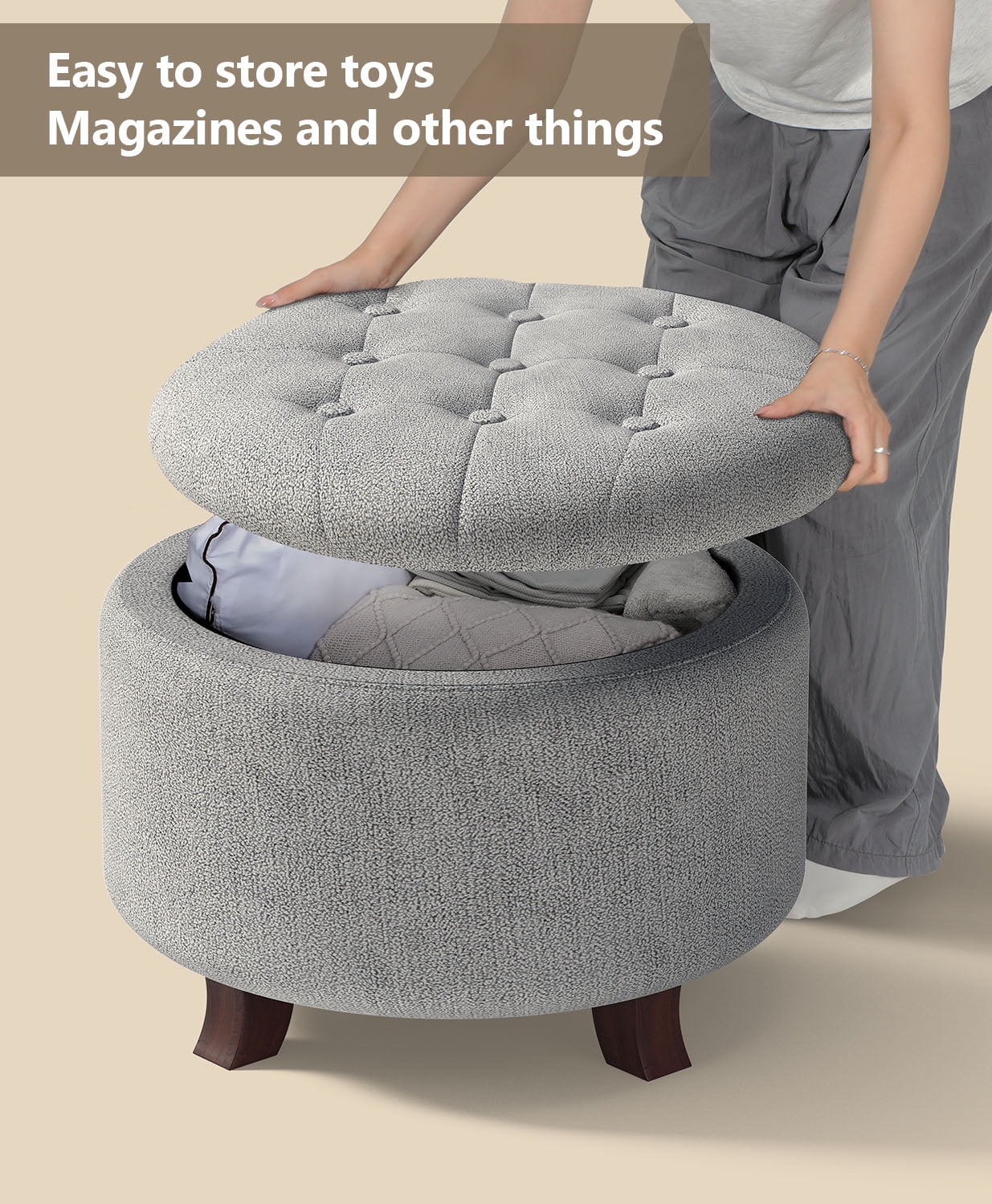 OSM Ottoman,Round Foot Rest Stool, Upholstered Large Ottoman Chair with Storage for Living Room & Bedroom, Decorative Home Furniture, Gray