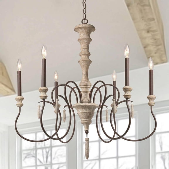 LNC Lupus 31'' Large 6 -Light Distressed Off-white Metal Wood Chandelier