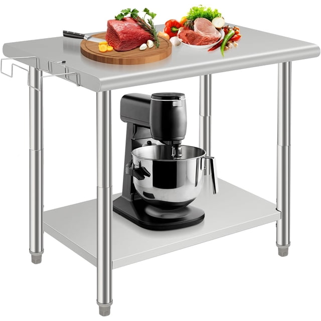 36x24x35 In NSF Stainless Steel Prep Table 2-Tier Commercial Workbench with Adjustable Undershelf and Hook Heavy Duty Kitchen Table for Restaurant and Home